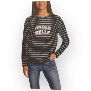Ellen Tracy Long Sleeve “Jingle Belle” Top, Black and Grey Stripes, Size Medium
